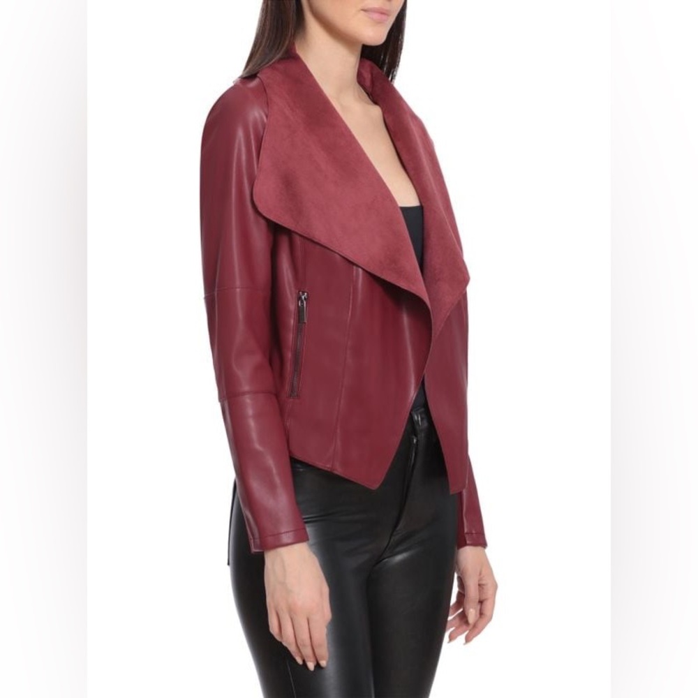 bagatelle Burgundy Leather & Suede Drape Collar Jacket